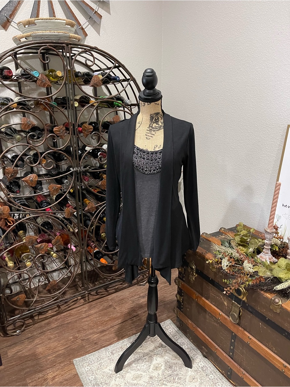 AB Studio Black Layered Open-Front Blouse with Beaded Neckline
